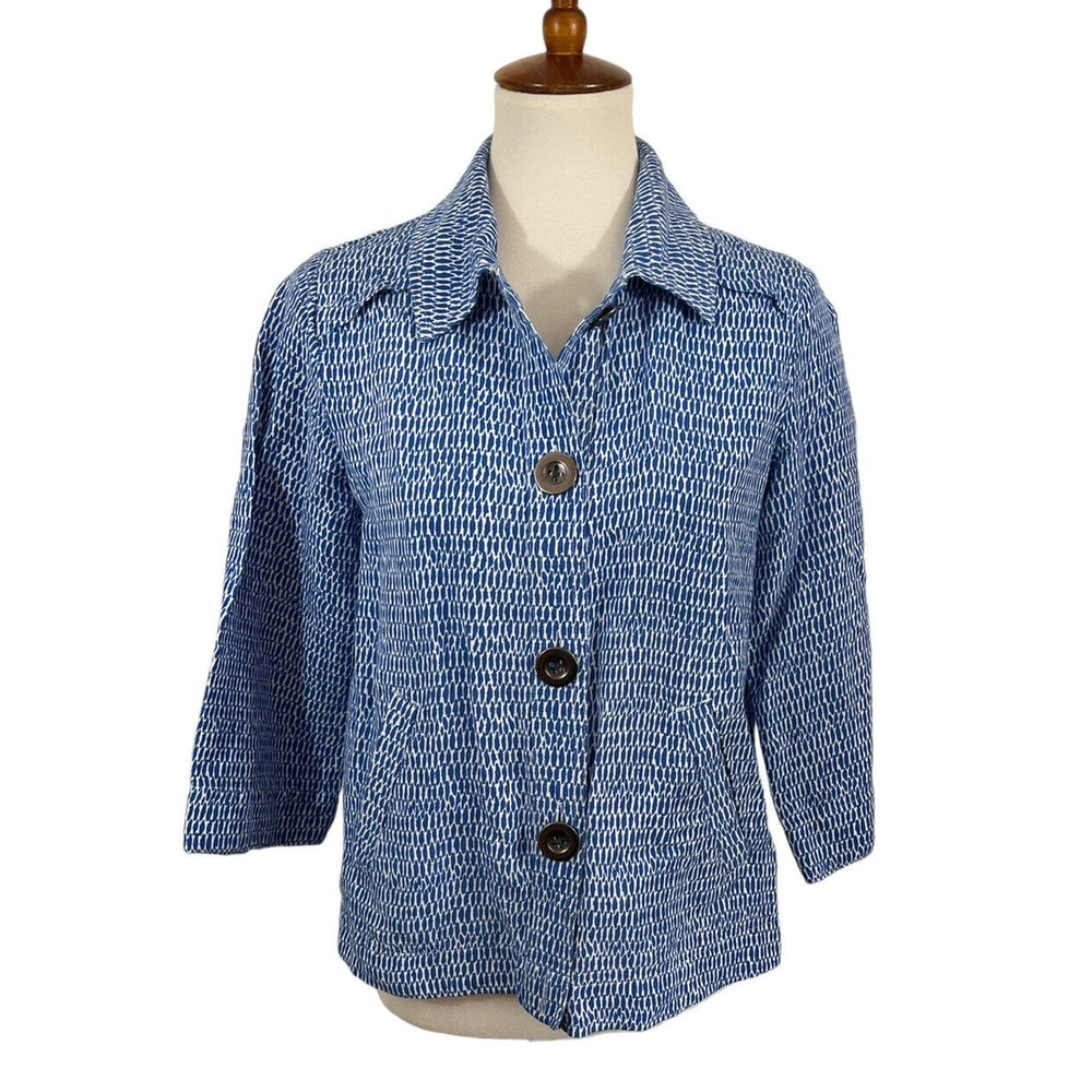 Christopher & Banks Blue White Pattern Button Jacket 3/4 Sleeve